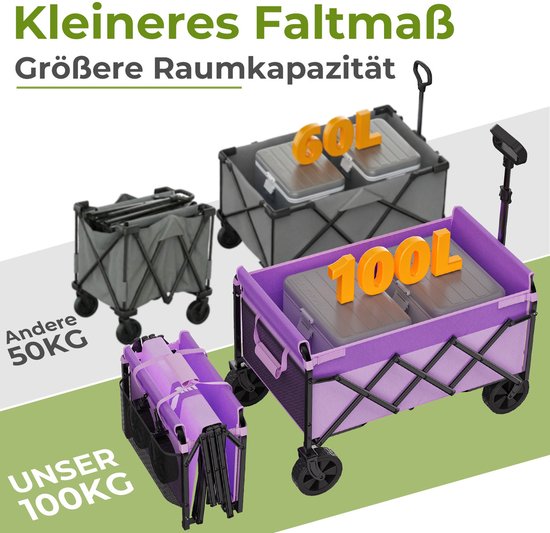 MIVRAY Tuinkar - Opvouwbaar 100 Liter 100 Kg - 74 x 46 x 96,5 cm - Staal En 600D Oxford - Paars - Voor Boodschappen En Camping — afbeelding 2