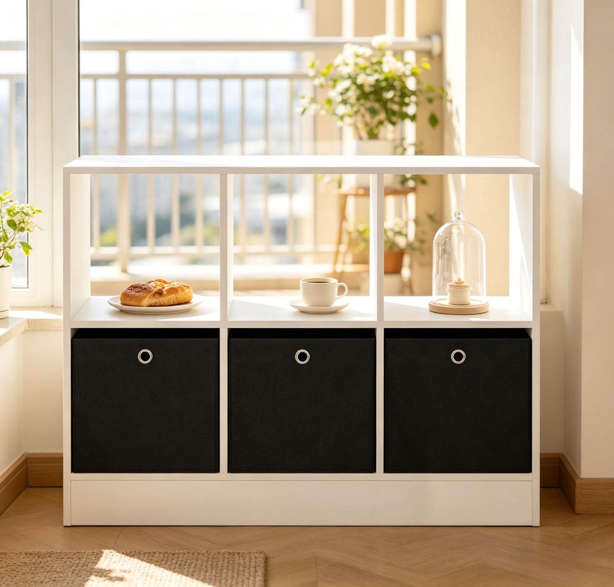 MIVRAY Boekenkast – 80 x 30 x 61 cm – Met 3 Stoffen Laden – Houtmateriaal en Vliesstof – Wit en Zwart – Vrijstaand Opbergrek Voor Woonkamer, Slaapkamer en Kantoor