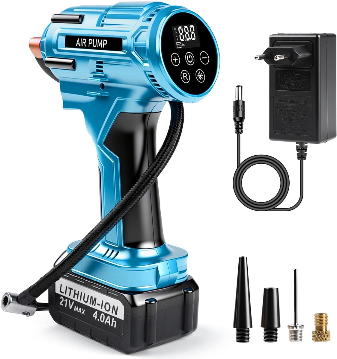 SnelShoppen - Draagbare Elektrische Luchtpomp 21V 150PSI, Accu Auto Compressor met 4,0 Ah Lithium-ion Accu, LED-verlichting, SOS-modus voor Auto, Moto