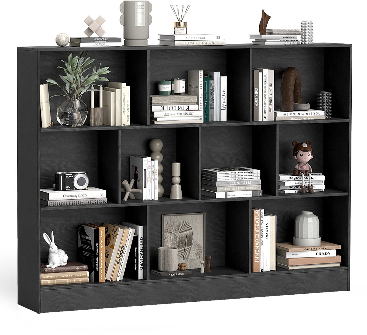 COSTWAY Boekenkast met 10 vakken, staand rek met 3 etages, kubusrek, kantoorrek, opbergkast voor woonkamer, slaapkamer, studeerkamer, kantoor (Zwart, 140 x 24 x 104 cm)