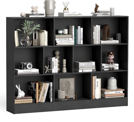 COSTWAY Boekenkast met 10 vakken, staand rek met 3 etages, kubusrek, kantoorrek, opbergkast voor woonkamer, slaapkamer, studeerkamer, kantoor (Zwart, 140 x 24 x 104 cm) — foto 1