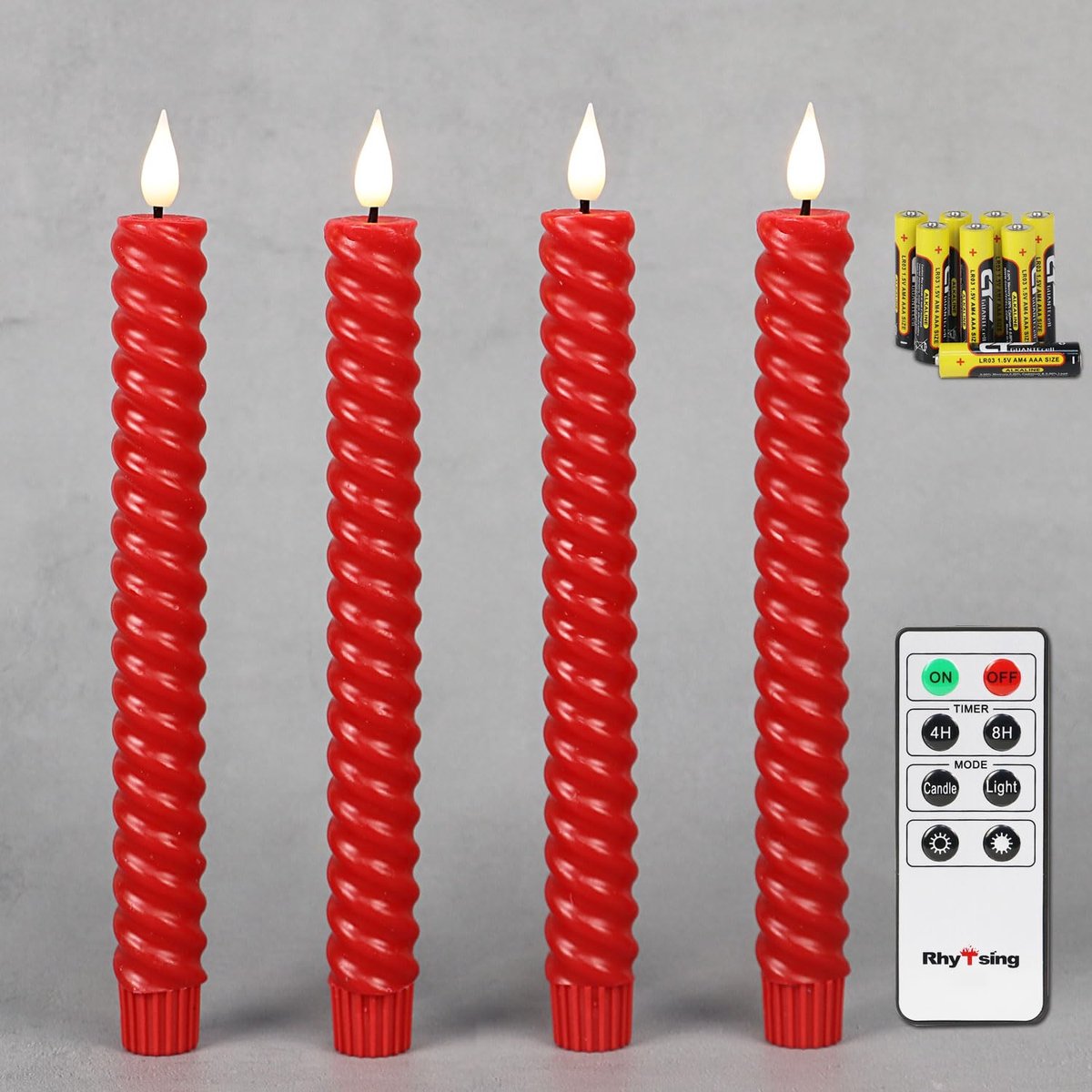 SnelShoppen - 4 Vlamloze Ribbel LED Dinerkaarsen Rood met Timer | Realistisch Kandelaar Twist Design | Hoogte 25 cm | Afstandsbediening & Batterijen I