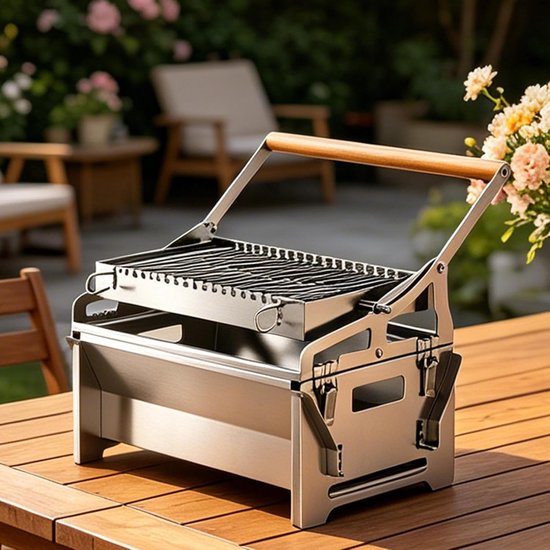 Roterende Houtskoolbarbecue - Draagbare Grill - Buiten Koken - Gelijkmatige Warmteverdeling - 30 x 16 x 16 cm - Zilver — afbeelding 3