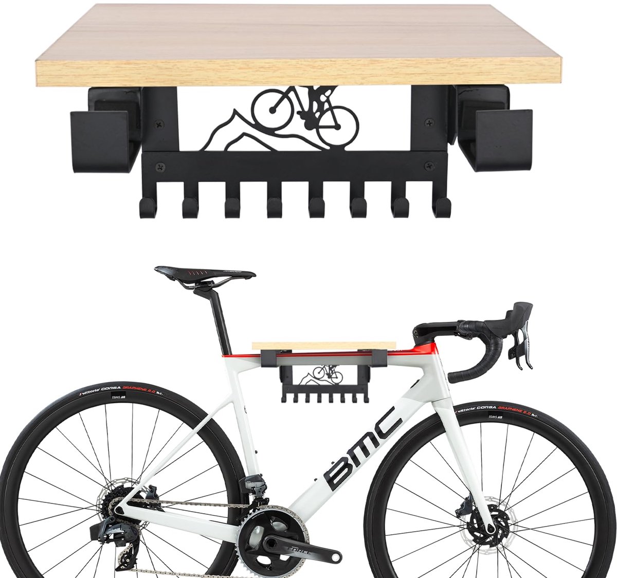 SnelShoppen - Fietsmuur Mount met Plank en 8 Haken - Ruimtebesparend Fietsenrek Voor MTB, Racefiets, E-Bike - Wall Rack Indoor Opbergrek Hanger