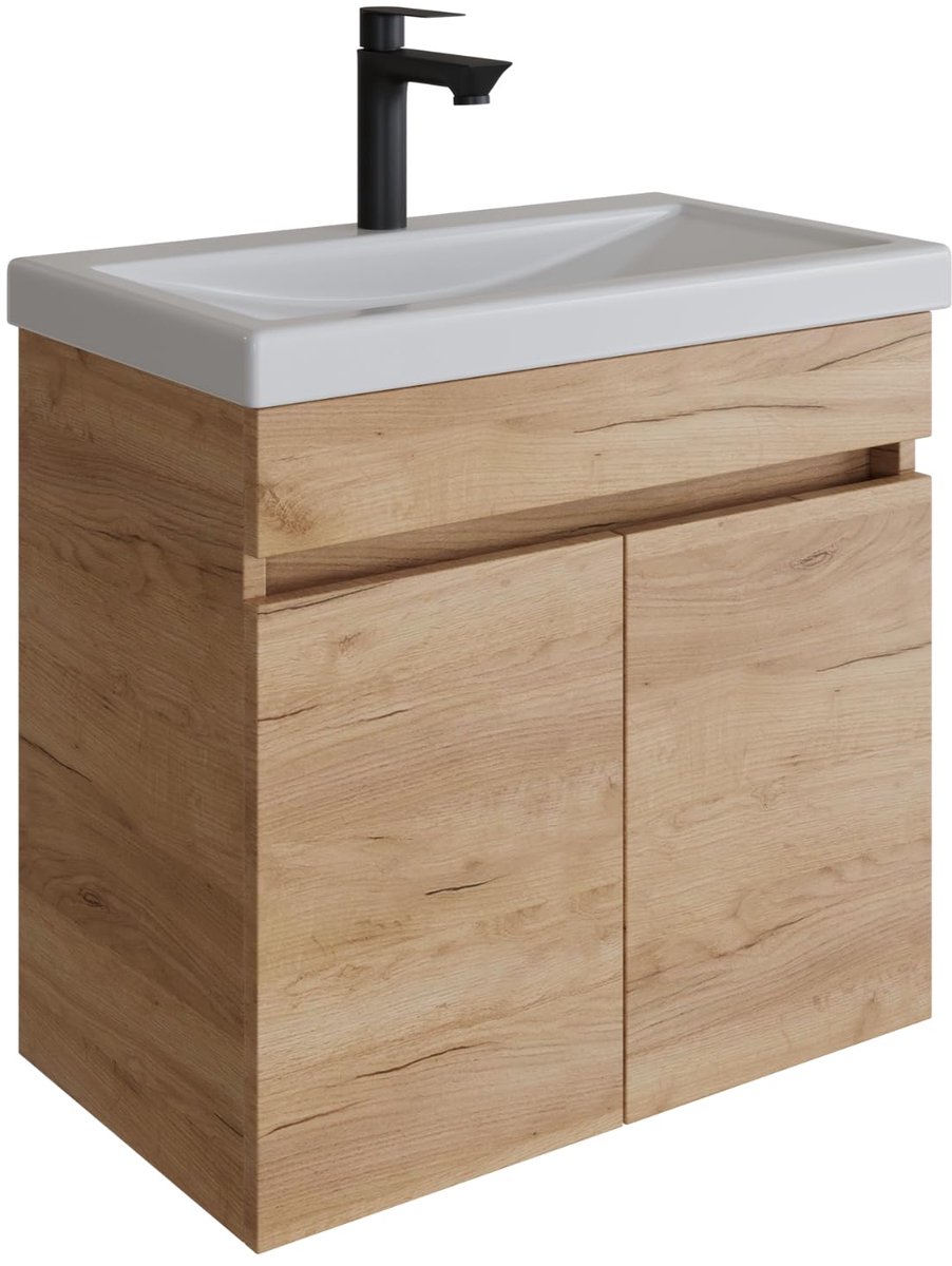 SnelShoppen - Wastafelonderkast met Keramische Wastafel 63x60x36,5 cm - Moderne Badmeubel Set in Goud Eiken voor Badkamer of Toilet