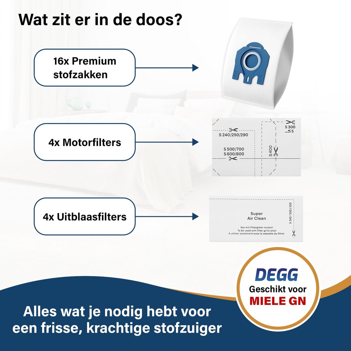 SnelShoppen - Stofzuigerzakken voor Miele Hyclean Pure GN - 16x Premium Stofzakken + 8x Filters - Geschikt voor C3, C2, Classic C1, S8, S5, S2 - XXL-P