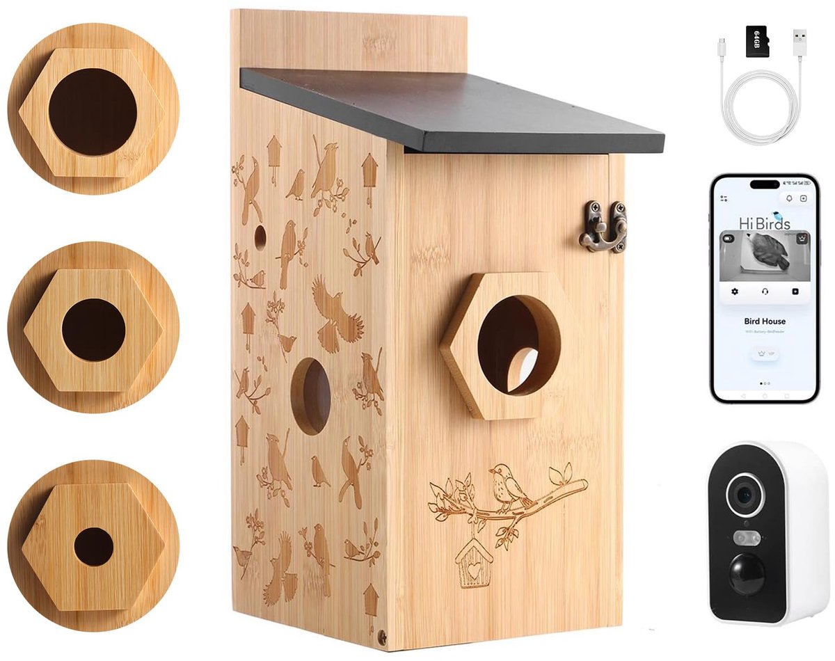 SnelShoppen - Vogelhuisje met 4MP Camera, Weerbestendig Nestkast voor Buiten, 2,4G Wifi, App-melding, Video/Foto Opname, Bewegingsdetectie, Nachtzicht