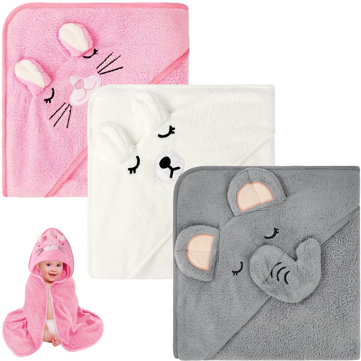 SnelShoppen - Babyhanddoeken met Capuchon 3 Stuks - Zachte en Absorberende Badhanddoeken voor Kinderen en Pasgeborenen - 80 x 80 cm - Wit/Grijs/Roze