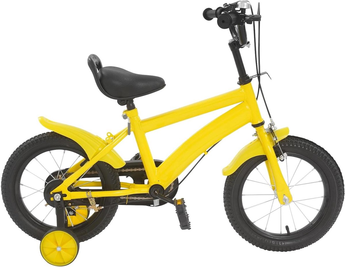 Kinderfiets met steunwielen Jongensmeisjesfiets loopfiets Leren fietsen Verstelbaar zadel en stuur 14 inch Geel