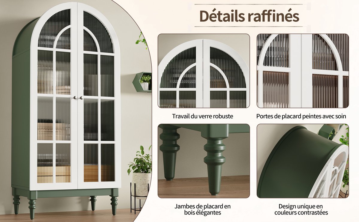 STILVORA Vitrinekast Met Gebogen Bovenkant En Geribbeld Glas - 3 Legplanken Voor Woonkamer En Eetkamer - MDF En Metaal - Groen - 76x38,5x165 Cm
