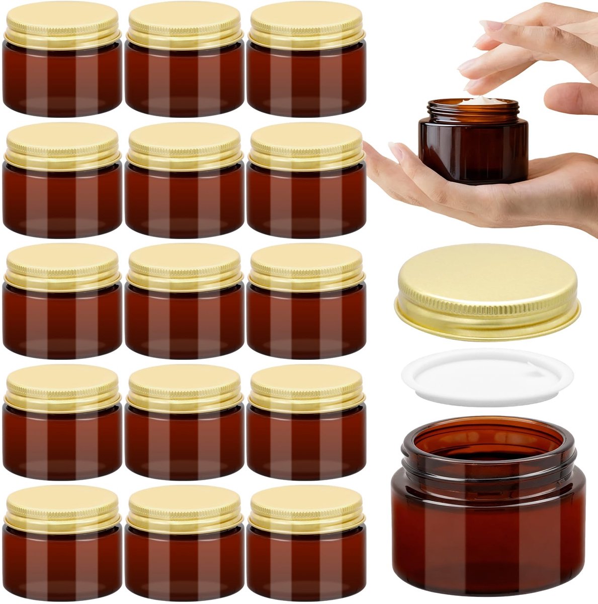 SnelShoppen - 16 Stuks Amberkleurige Glazen Potten met Deksels en Binnenvoeringen, 50 ml Lege Cosmetische Potten, Bruine Reispotten met UV-Bescherming