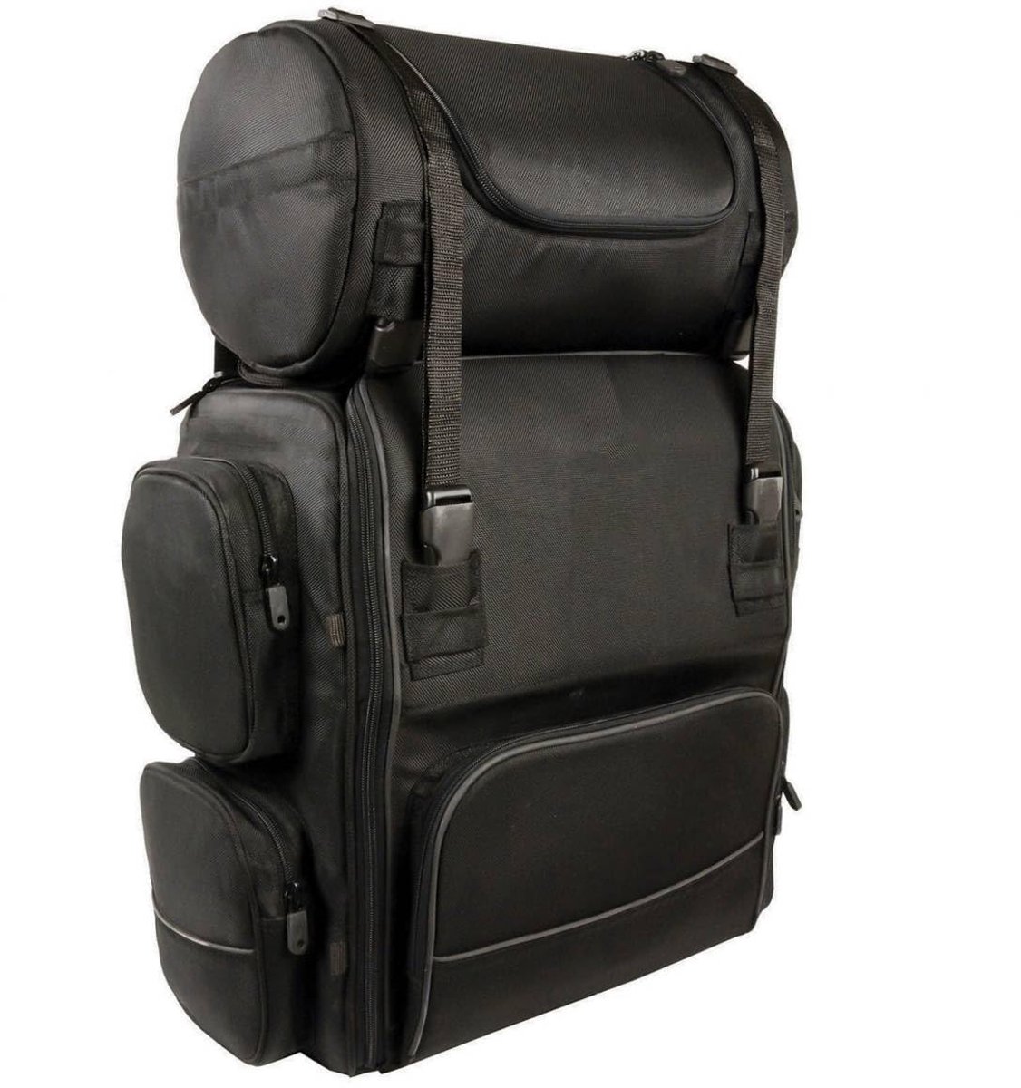 SnelShoppen - Grote zwarte textiel motorfiets Sissy Bar reistas - stevige tweedelige tas met meerdere compartimenten - universele riemen en clips - id