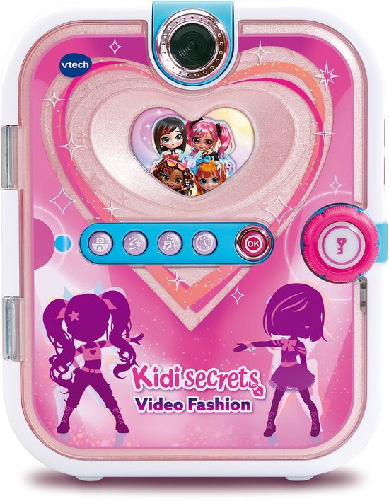 VTech KidiSecrets Video Fashion dagboek, roze met hartvormig scherm, camera en personages.