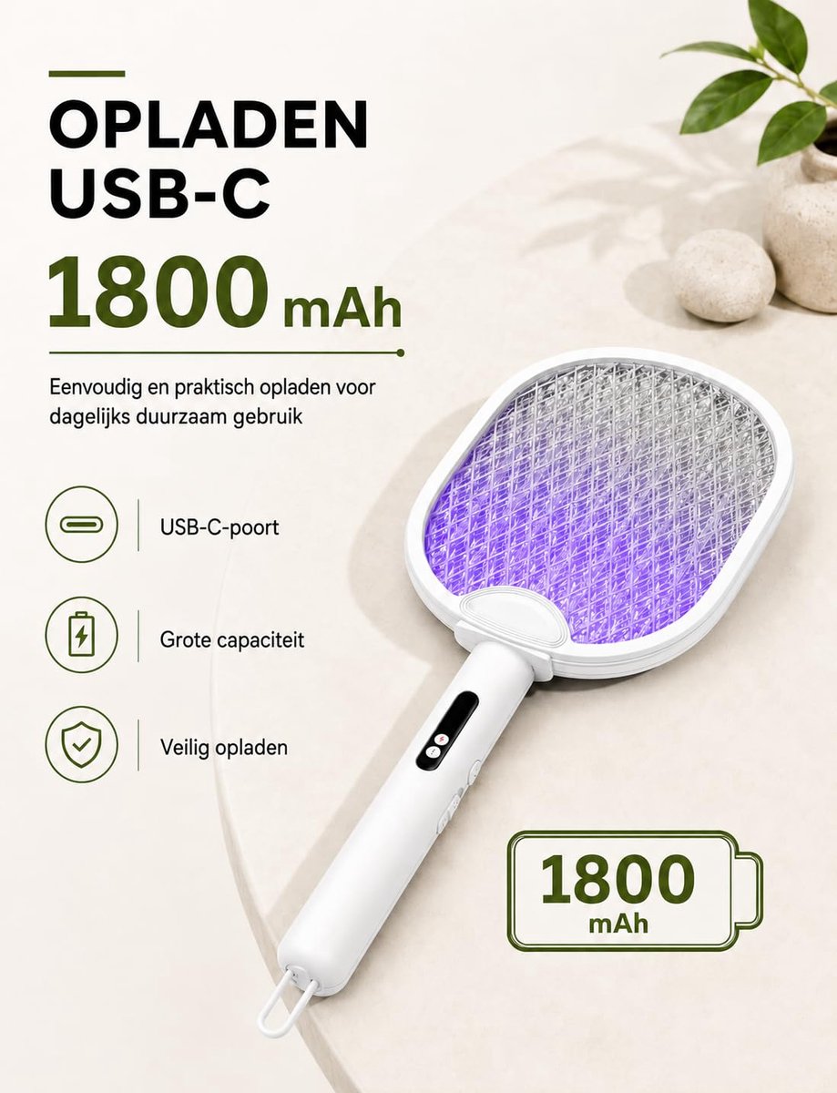 SnelShoppen - Elektrische Muggenmepper 4000V Oplaadbaar USB-C 1800mAh - Opvouwbaar, Wit - Ideaal voor Thuis, Tuin, Kamperen, Tegen Muggen, Vliegen en
