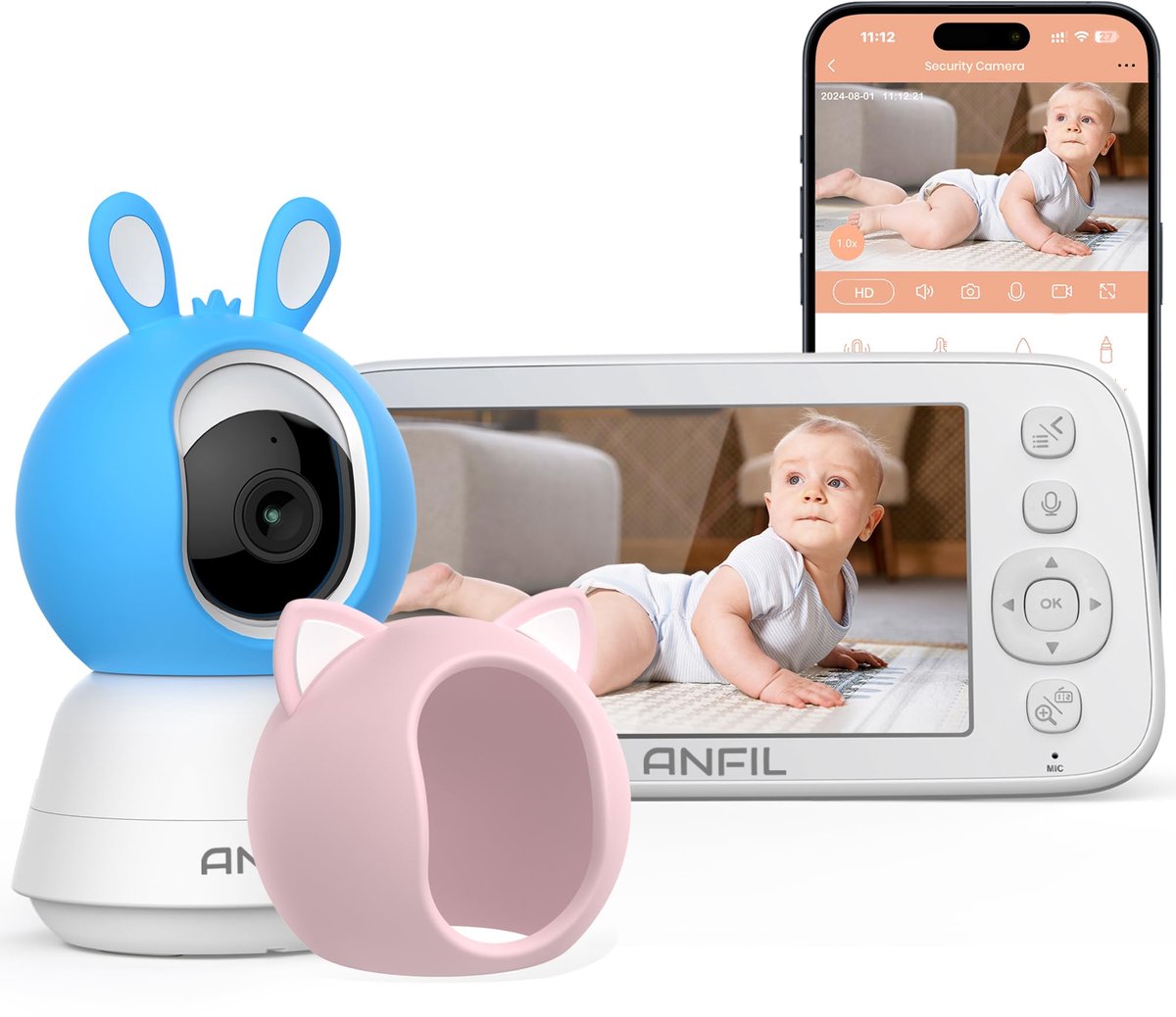 SnelShoppen - Babyfoon met Camera en Nachtzicht - 5" Display - Twee-Weg Audio - Automatisch Volgen - VOX-Modus - Temperatuurmeter - 355° Pan 120° Tilt