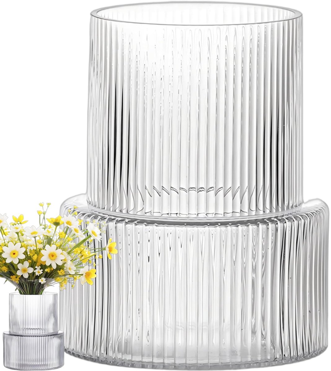 SnelShoppen - Glazen Vaas voor Bloemen, Geribbeld Glas, Transparante en Grijze Bloemenvaas, Moderne Tafeldecoratie voor Woonkamer, Grote Rozenvaas, Es