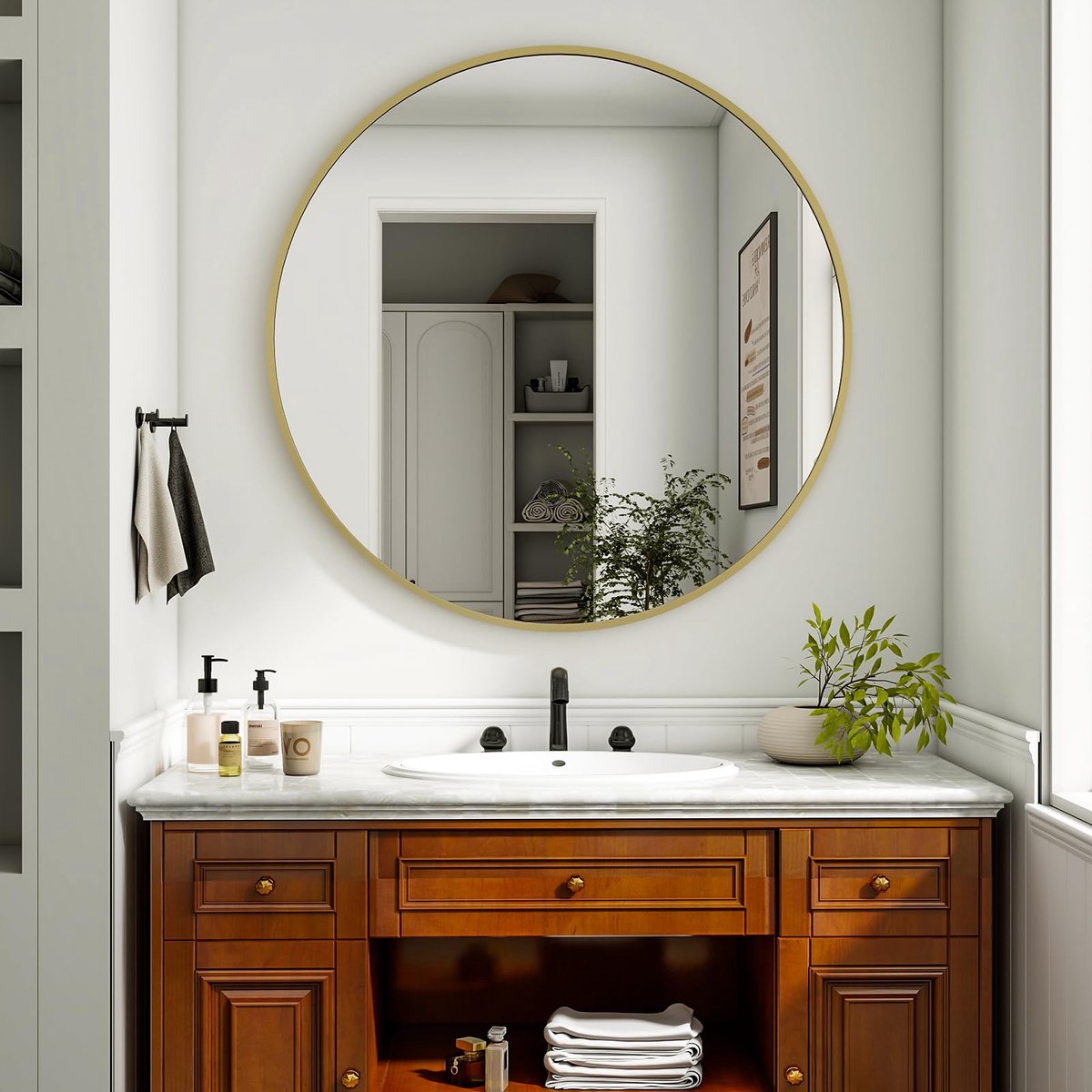 SnelShoppen - Ronde Spiegel 90 cm - Onbreekbare Wandspiegel met Aluminium Frame - Badkamerspiegel voor Slaapkamer, Woonkamer, Goud - Moderne Decoratie
