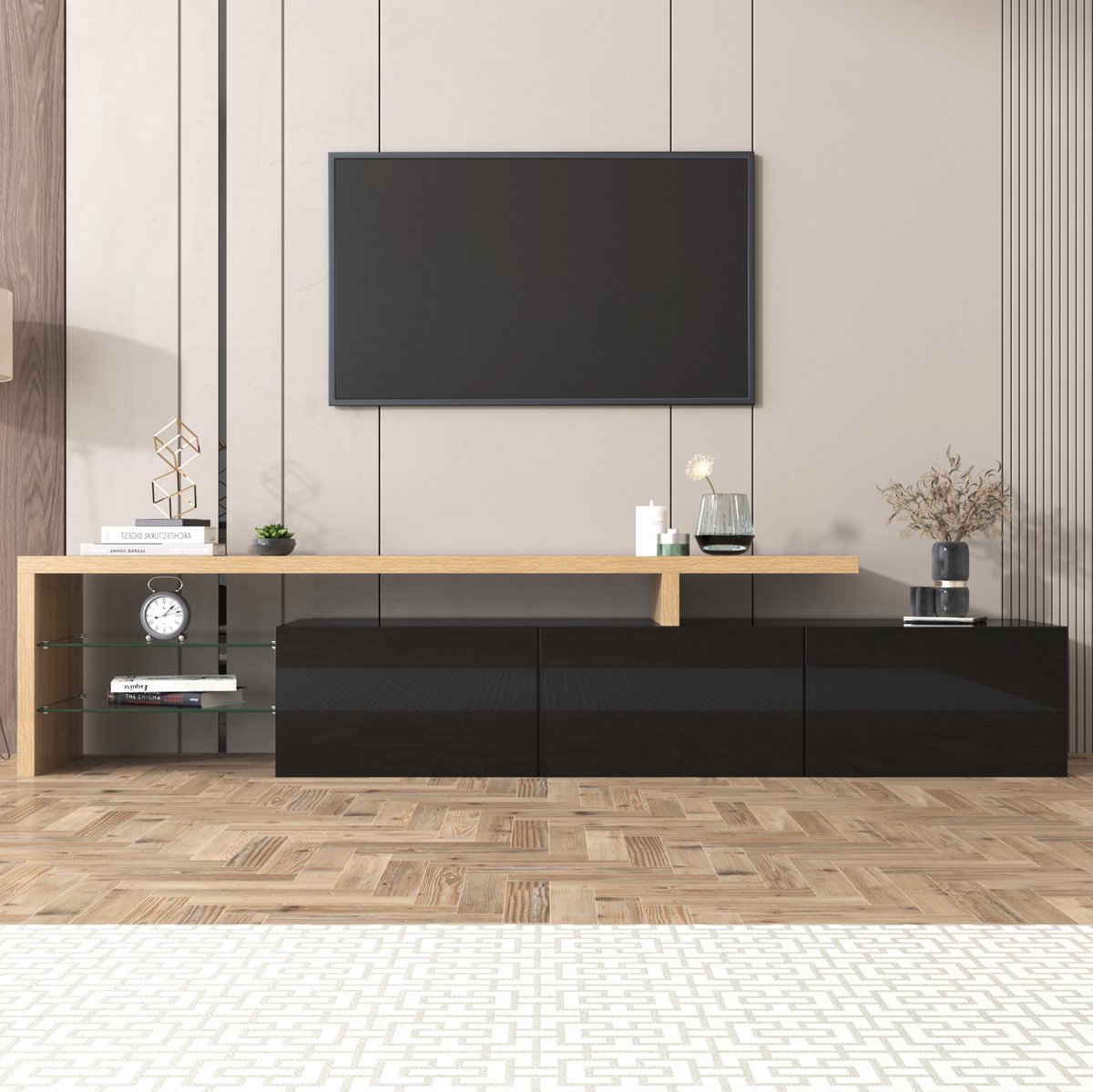 COVREO TV meubel 197,5 x 39 x 42 cm - zwart en naturel, MDF en glas, met LED-verlichting