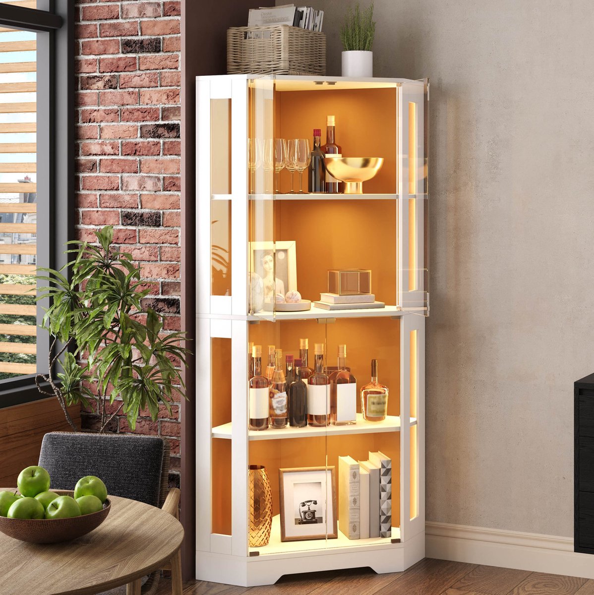REDOM - Keukenkast met vitrinedeuren en RGB LED-verlichting - Push-to-open - 4 glazen deuren en 2 verstelbare planken - MDF - Wit - 40 x 40 x 165 cm