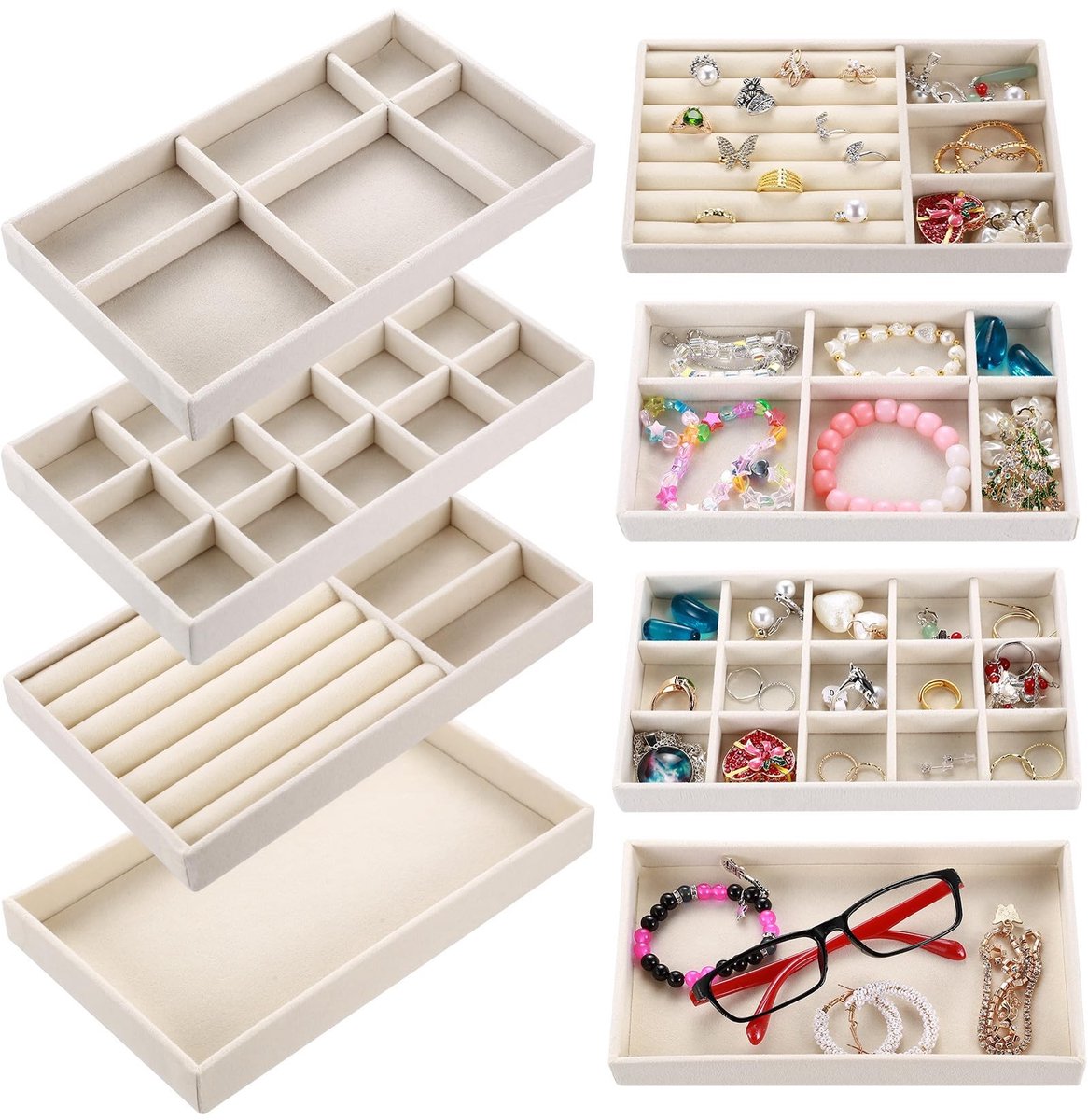 Dailygoods- Sieradenbakjes 4 Stuks - Stapelbare Organizer - Lade Inzet - Fluweel/MDF - Aanpasbaar - Afmetingen 21 x 12,5 x 2,3 cm - Sieradenorganizer