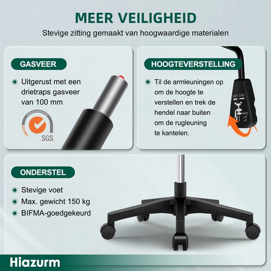 Handleiding voor gasveer, hoogteverstelling en kantelfunctie van een zwarte bureaustoel.