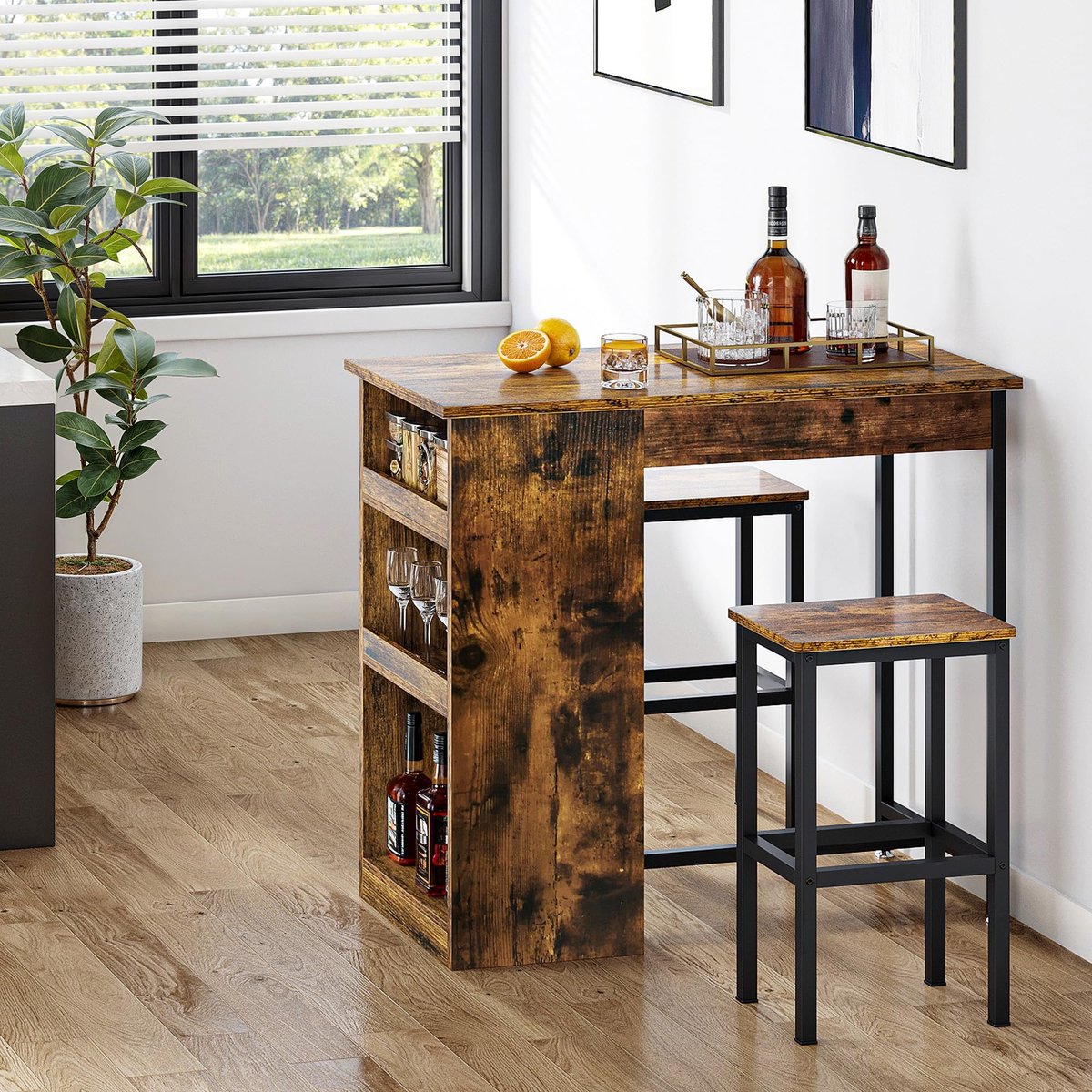 SnelShoppen - YITAHOME Bartafel met Barkrukset 3-delig - Eettafel voor 2 Personen - Vintage Bruin - Metalen Frame - Ideaal voor Keuken, Ontbijt, Feest