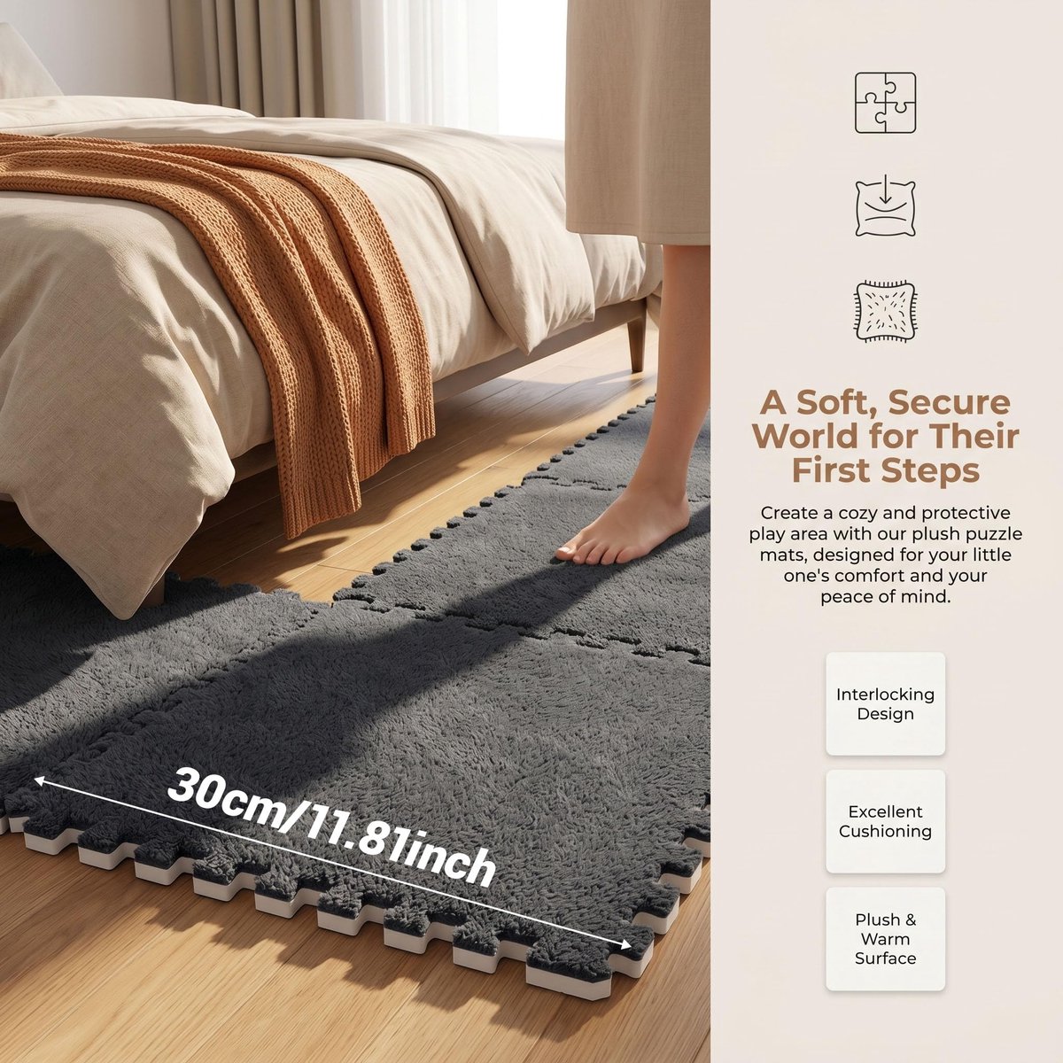 SnelShoppen - 12 Stuks Verbonden Pluche Puzzelmatjes 30 x 30 cm Schuim Vloermat voor Baby, Woonkamer en Slaapkamer - Zwart - Ideaal voor Kinderen en S