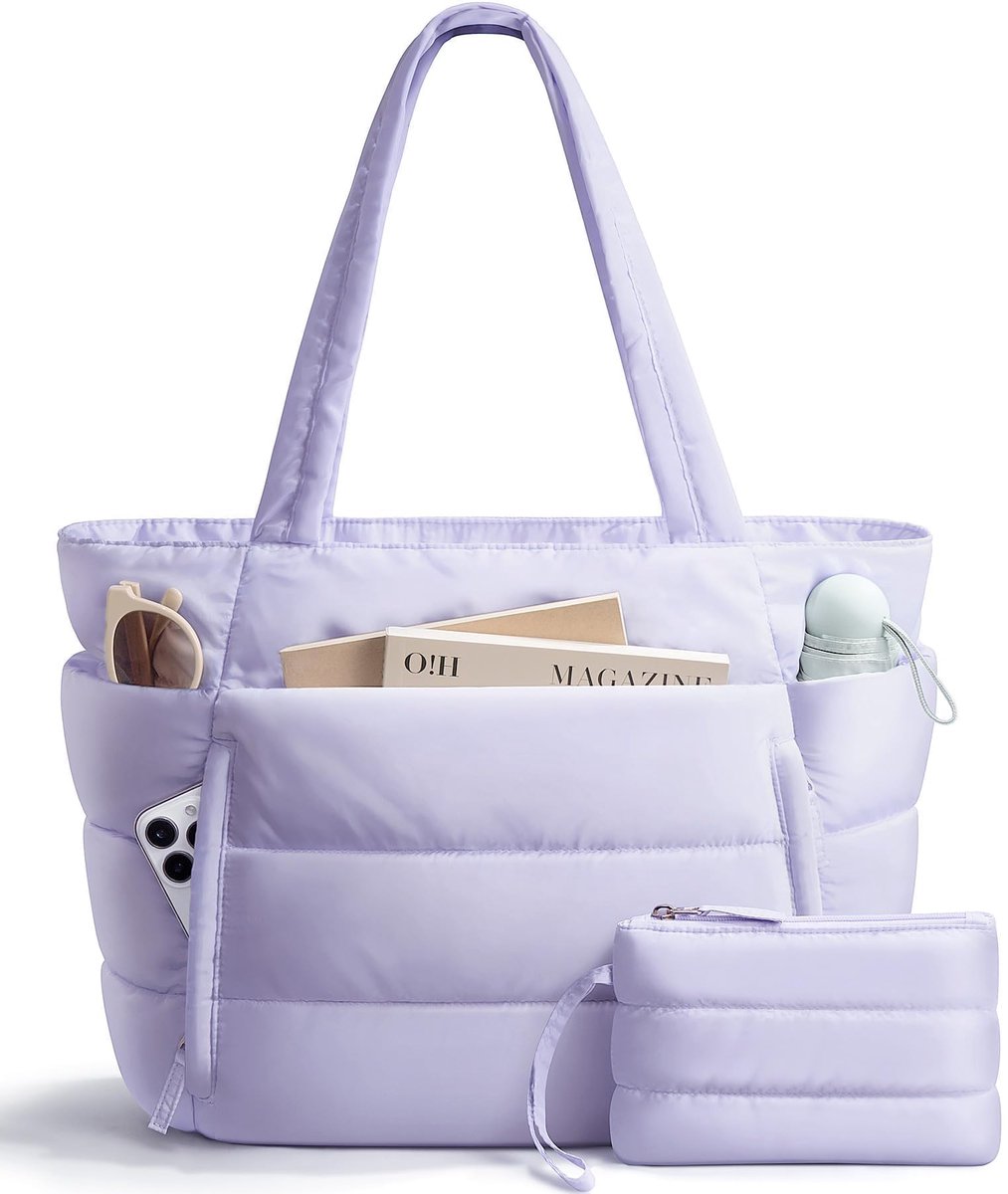 Puffer Tote Bag voor Dames - Lichtgewicht Donzige Schouderhandtas - Met Afneembaar Klein Tasje & Handig Laptopvak - Incl. Trolley Sleeve voor Reizen - Voor Kantoor, Woon-werkverkeer & Dagelijks Gebruik - Paars
