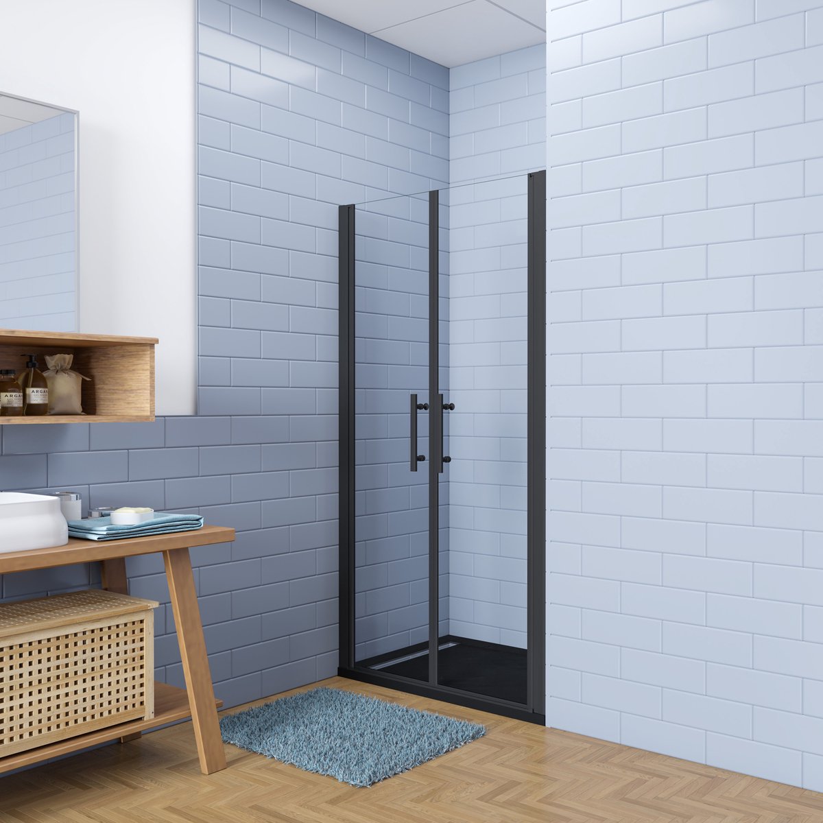 Aica industriële stijl dubbele draaideuren 80x195cm incl. Ultraplatte zwart douchebak 80x160cm incl. sifon - 6mm gehard veiligheidsglas easyclean - mat zwarte aluminium Profiel