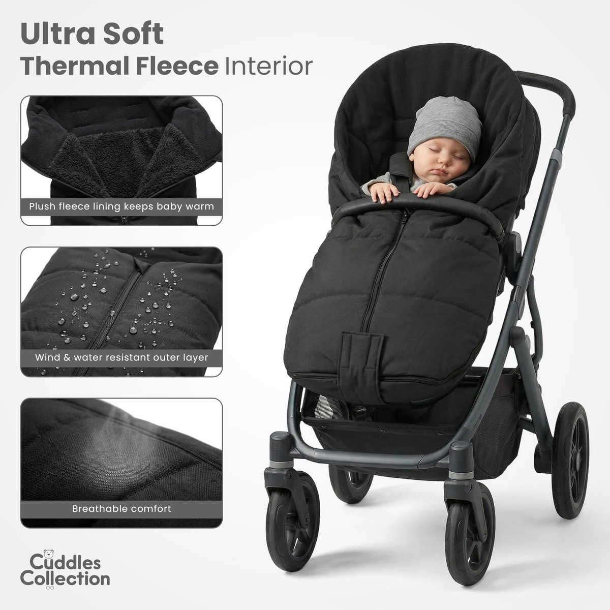 SnelShoppen - Universele Voetenzak Fleece Gevoerd Snuggly Cosytoes voor Kinderwagens en Buggy's - Zwart - Warm en Comfortabel voor Baby's
