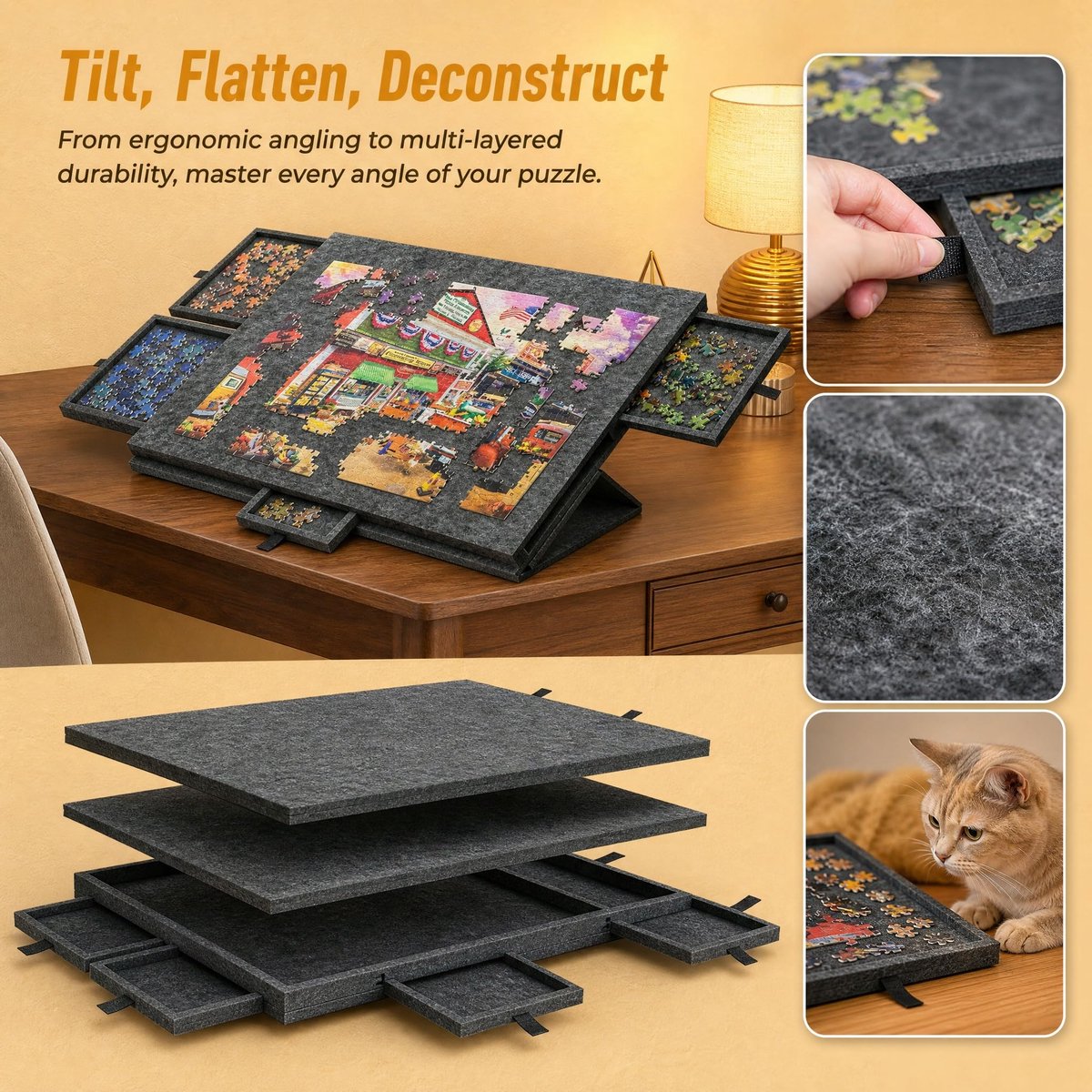 SnelShoppen - Puzzeltafel met 6 Laden en Afdekking, Draagbare Puzzelorganizer van Vilt met 2-in-1 Standaard, Verstelbare Puzzeltafel voor Maximaal 100