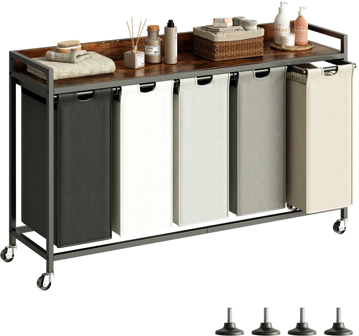 SnelShoppen - Herture Wasmand met Plank, 5 Secties, Wassorteerder met 5 Uittrekbare Zakken, 5 x 60 Liter, Rustiek Bruin, Metalen Frame, Beweegbare Wie