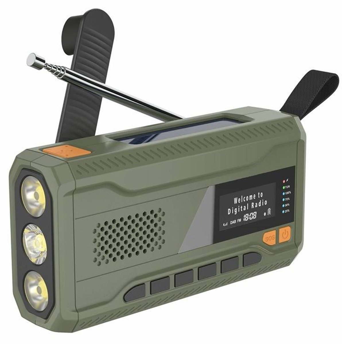 DAB/FM-noodradio, multifunctionele survivalradio met handkruk en zonne-energie, Bluetooth-luidspreker, SOS-noodsignaal, LED-zaklamp, powerbank, Type-C-oplader, draagbare radio voor kamperen en rampenparaatheid