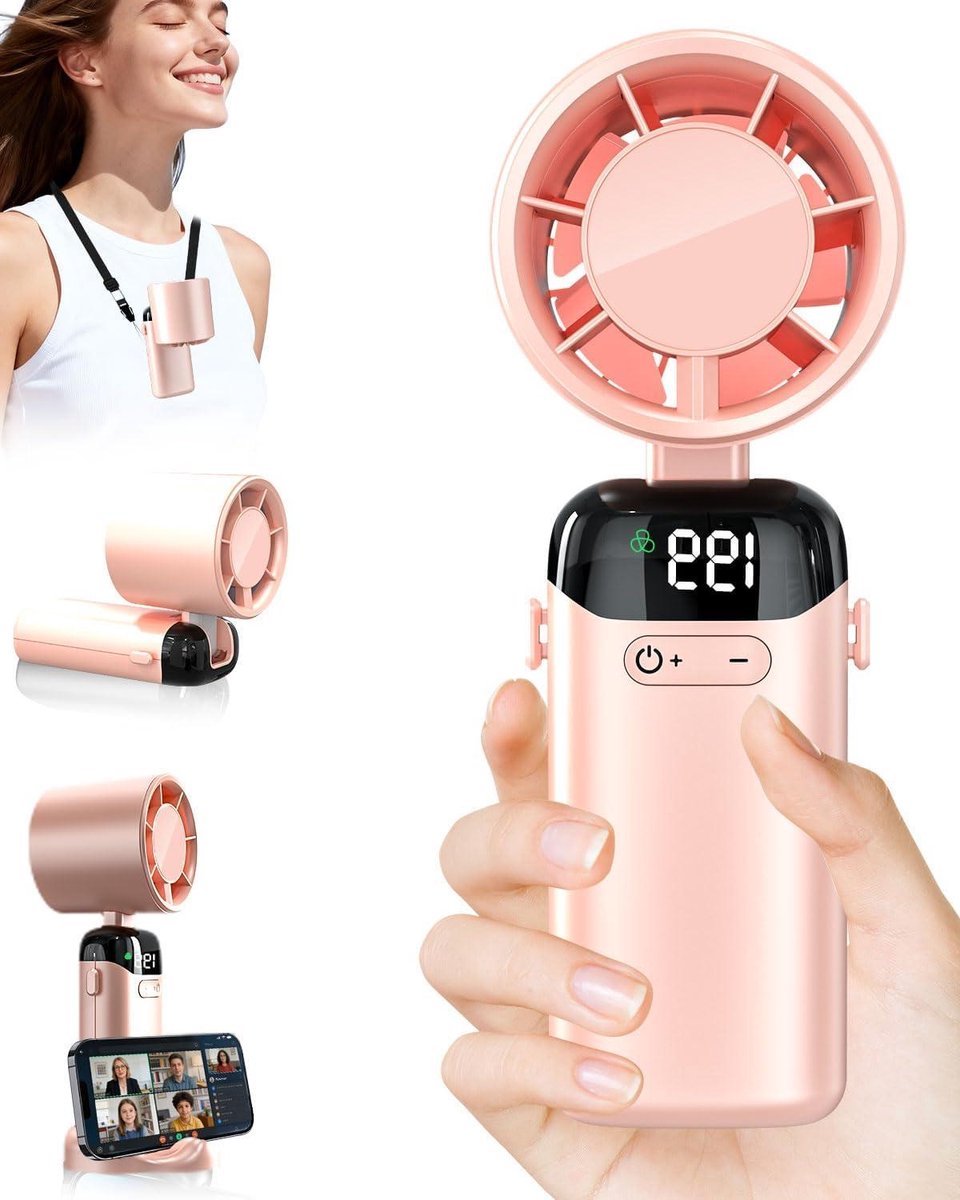 Draagbare Turbo Ventilator - Mini Fan Oplaadbaar - Persoonlijke Koeling - Traploze Snelheidsregeling - 3500 mAh Batterij - Roze