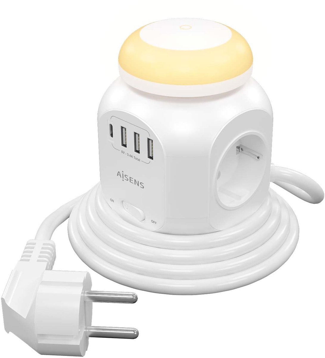 Multifunctionele Stekkerdoos - Tafelstopcontact - Apparaten Opladen - Met Nachtlampje - 1.8m Snoer - Wit
