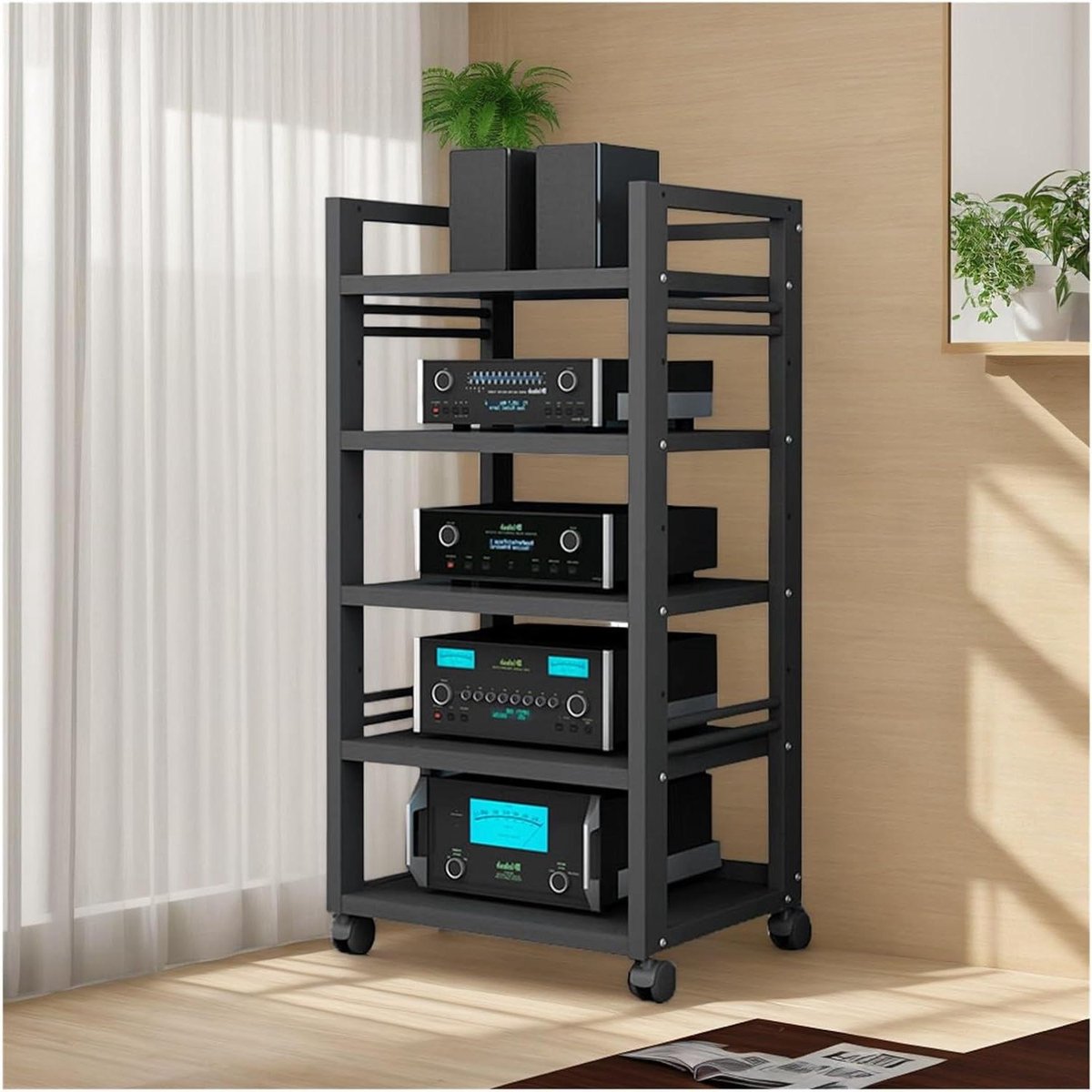 Stereo Kast - Mediastandaard Audio - Opbergen Componenten - Verstelbare Planken - 5 Niveaus - Zwart