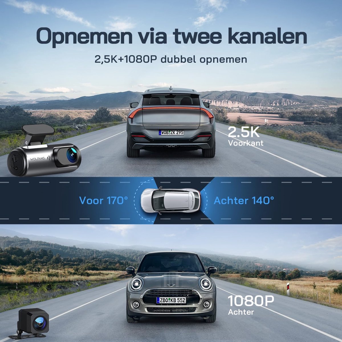 SnelShoppen - 4K Dashcam Auto Achter Met WiFi, Ultra Nachtzicht, 170° Groothoek, WDR, 24-Uurs Parkeermodus, G-sensor, Loop Recording - Veiligheid Voor