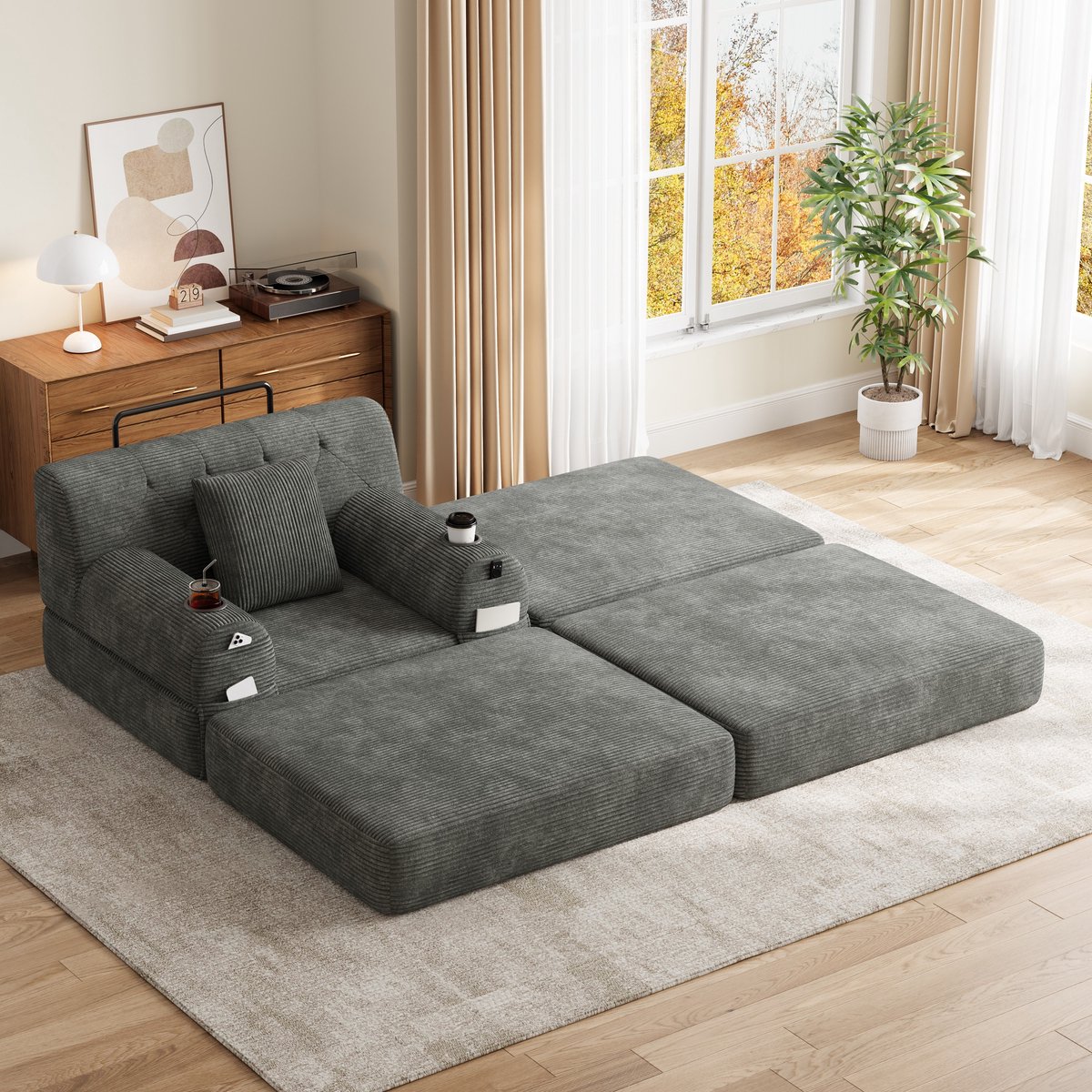 REDOM - Fauteuil - Slaapfunctie en hoge rugleuning - Met hocker en 2 bekerhouders - Cordstof - Donkergrijs - 107 x 162 x 81 cm