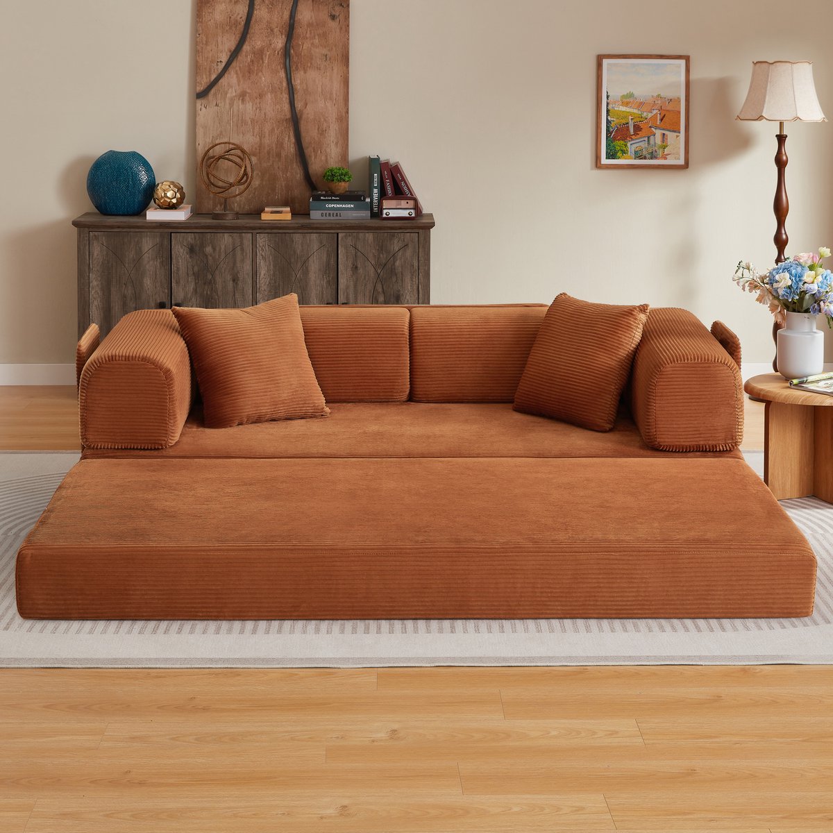 REDOM - Bank - Slaapbank met 3 zitplekken - Uitklapbaar naar bed - Inclusief 2 kussens - Stalen frame - Corduroy - Koudschuim - Terracotta - 35 cm zithoogte