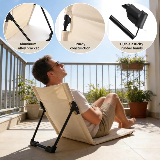 2 Stuks - Strandmat met Rugleuning - opvouwbare kampeerstoel - Opvouwbare strandstoel - Vouwstoel / kussen - campingstoel buiten - Klapstoel - draagbare campingstoel met opbergtas - lichtgewicht strandvloerstoel - Ultiem Strandcomfort - Beige — afbeelding 5