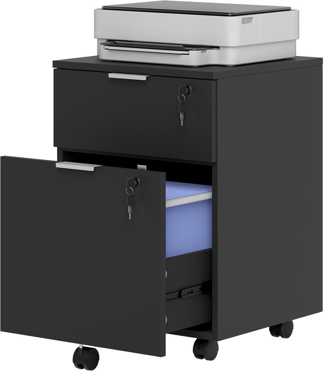 TEKROA® Verrijdbaar Ladeblok voor Bureau - Afsluitbare Archiefkast met 2 Lades - Hangmappenkast - Wordt geleverd met 2 sleutels - 42x40x60 cm - zwart