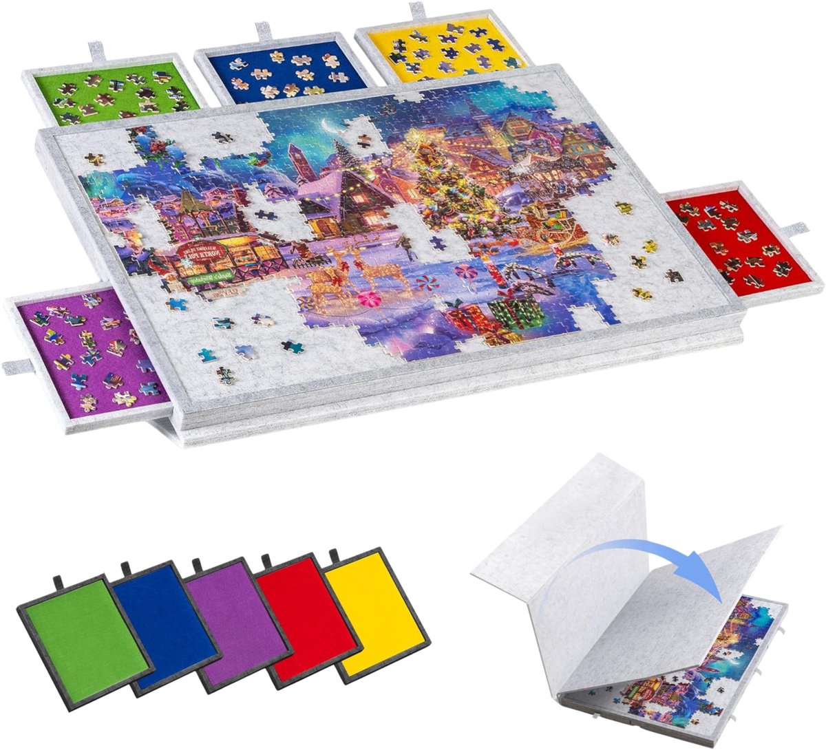SnelShoppen - Puzzelblad 1000 stukjes met Overtrek en Standaard – Vilt Puzzelmat met 5 Opbergladen – Opvouwbaar en Draagbaar Puzzelbord 77x53 cm voor