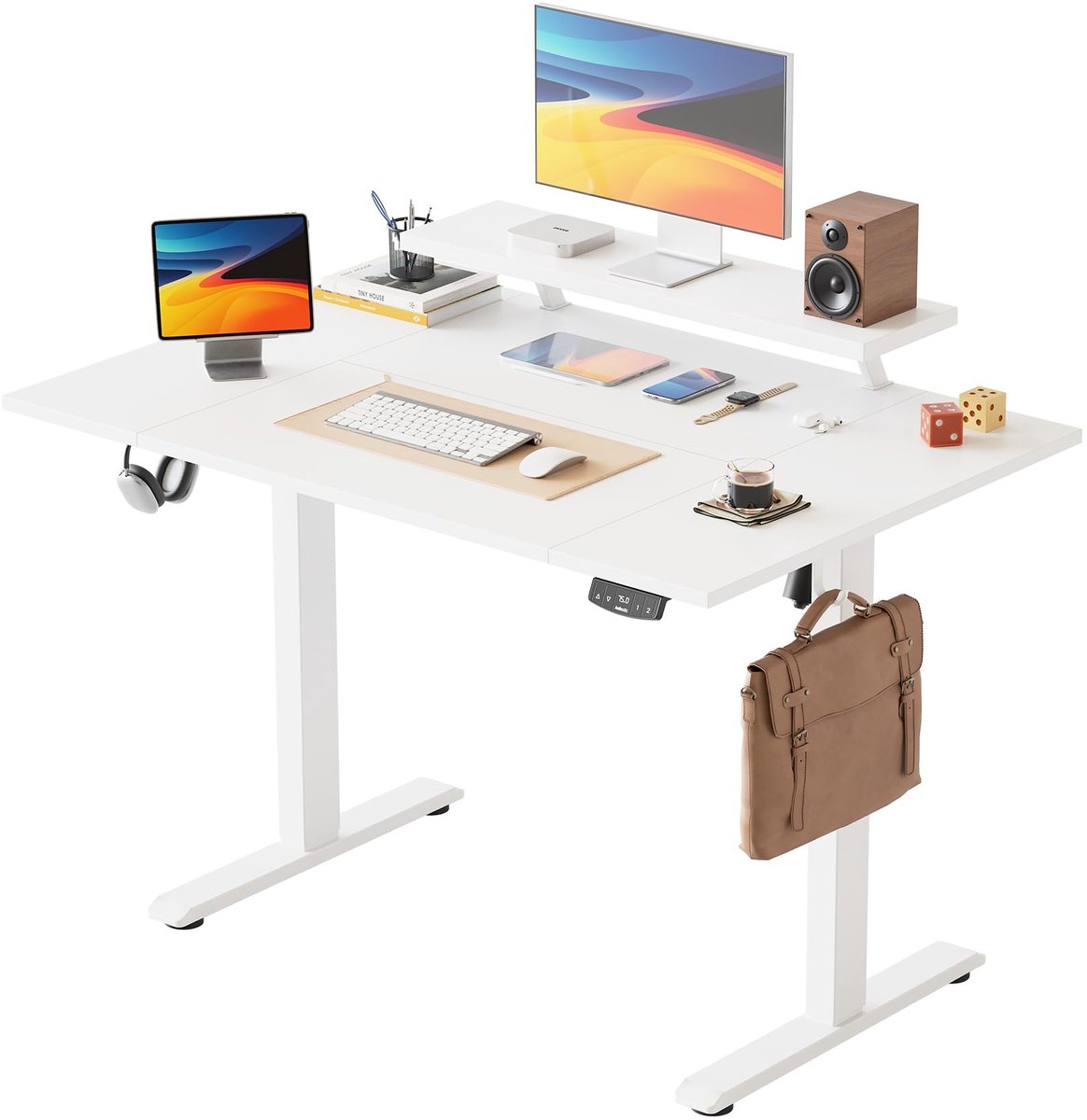 SnelShoppen - Elektrisch in Hoogte Verstelbaar Bureau 120x80 cm met Beweegbare Monitorstandaard, Sta Bureau met 2 Geheugentoetsen, Wit, Thuiswerk Tafe
