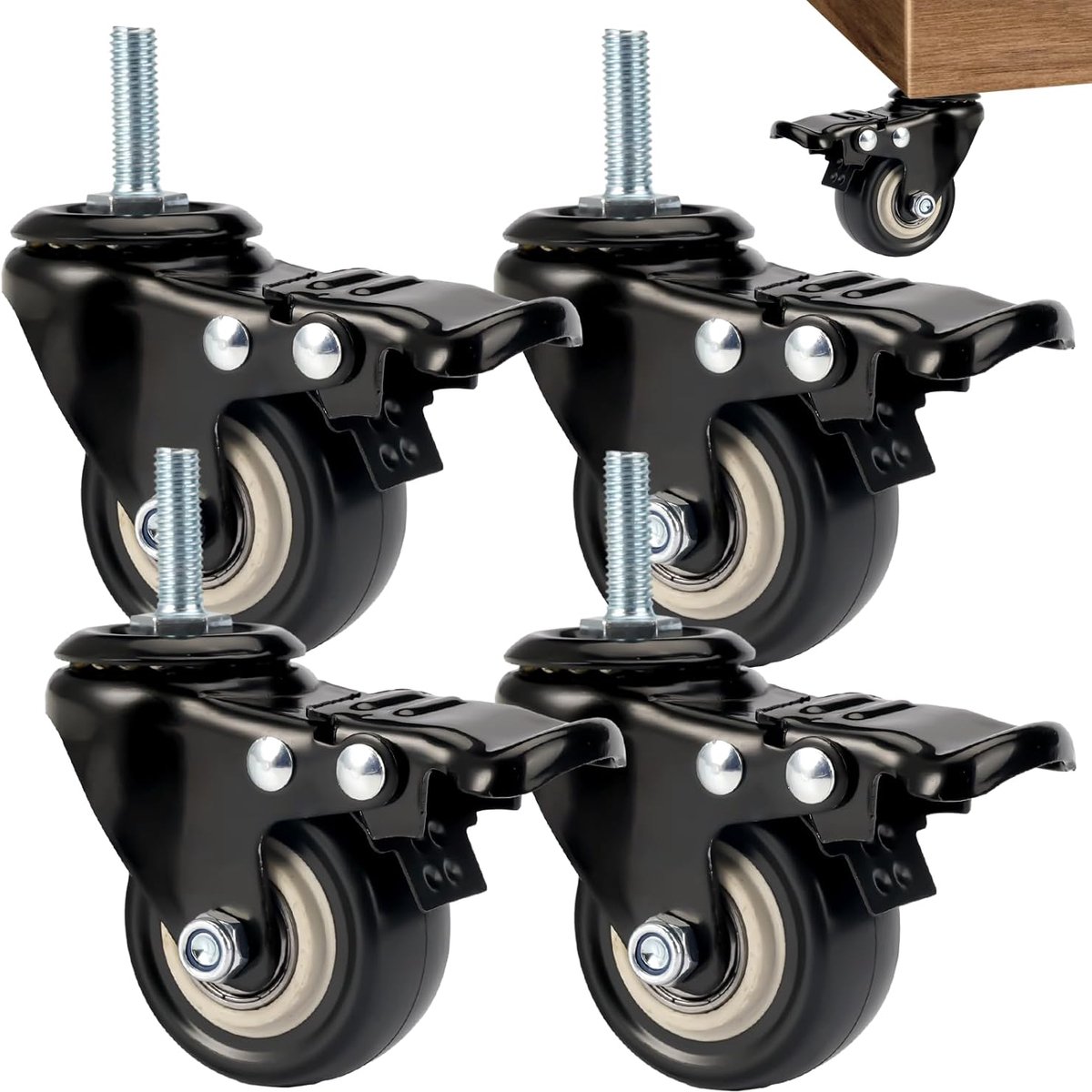 4 stuks wielen met rem M8 x 25 mm, zware wielen 50 mm, zwenkwielen voor meubels, meubelwielen met schroefdraad M8, rubberen zwenkwielen, geen sporen en stil, voor apparaten en meubels,