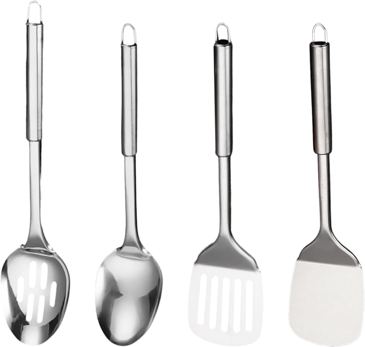 Keukengereiset van roestvrij staal - 4-delige set - pollepel, schuimlepel, serveerlepel met sleuven en sleufspatel voor keuken, metalen spatel set