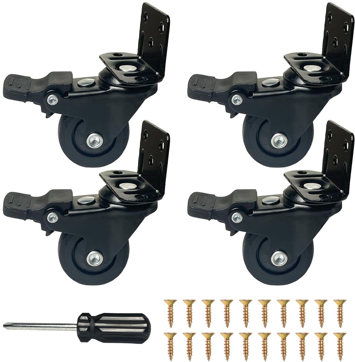 Set Van 4 Meubelwielen Met Remmen, Zware Wielen 50 Mm, L-Vormige Wielen Voor Meubels, Draagvermogen 50 Kg Per Zwenkwiel, Geen Strepen & Stil, Zwenkwielen Van Tpr, Meubelwielen (zwart, 32mm)