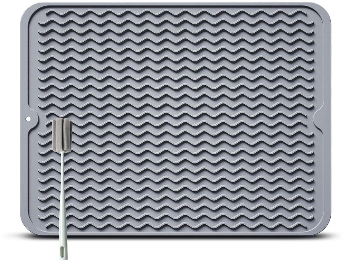 Afdruipmat voor Servies, 40 x 30 cm, BPA-vrij, Droogmat, Hittebestendig, Antislip, Met Spons en Reinigingsborstel