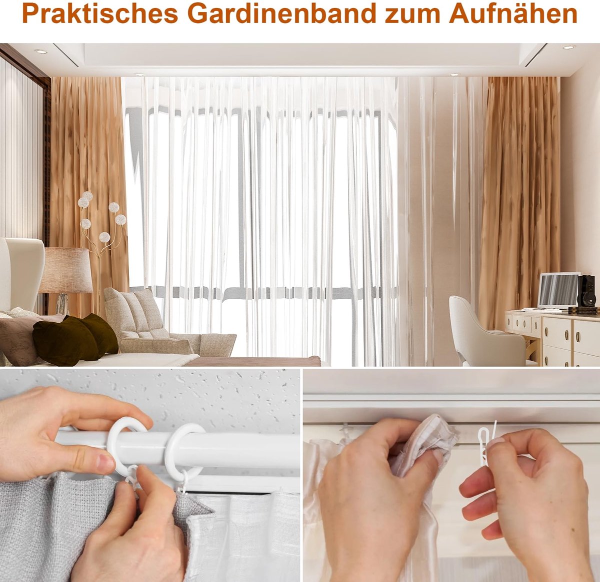 Gordijnband, plooiband, 30 m x 25 mm, met 20 stuks gordijnhaken, gordijnband om op te naaien, universele plooiband, plooiband voor gordijnen, plooiband, gordijn, rijband, potloodplooiband - wit