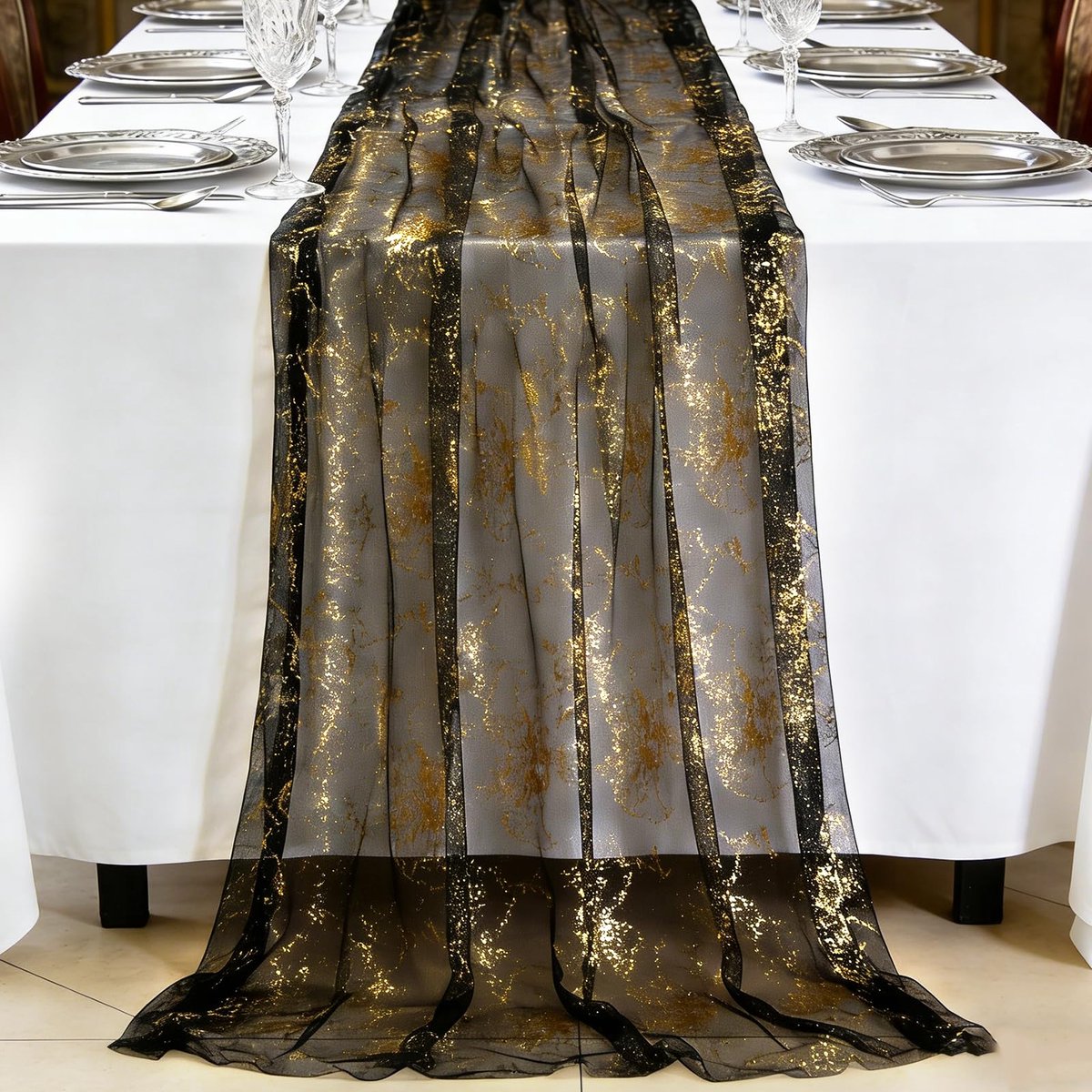 Tafelloper, tafelband, tafelloper goud glitter tule (E)