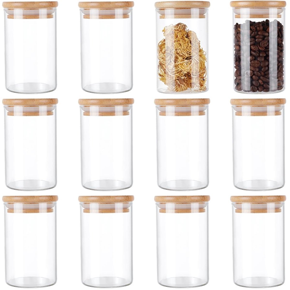 12 stuks glazen potten met deksel, Qtip houder, dispenser, levensmiddelen, opbergdoos, kleine kruidenpotjes voor thuis, badkamer, keuken, eetkamer, koffiebonen, koekjes, organizer, decoratie